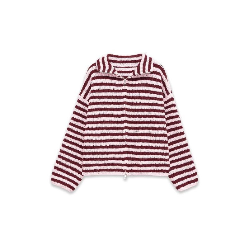 Frühling Damen Locker Fauler Stil Pullover Cardigan Ausgestellter Revers Langarm Doppelkettenstreifen Strickmantel