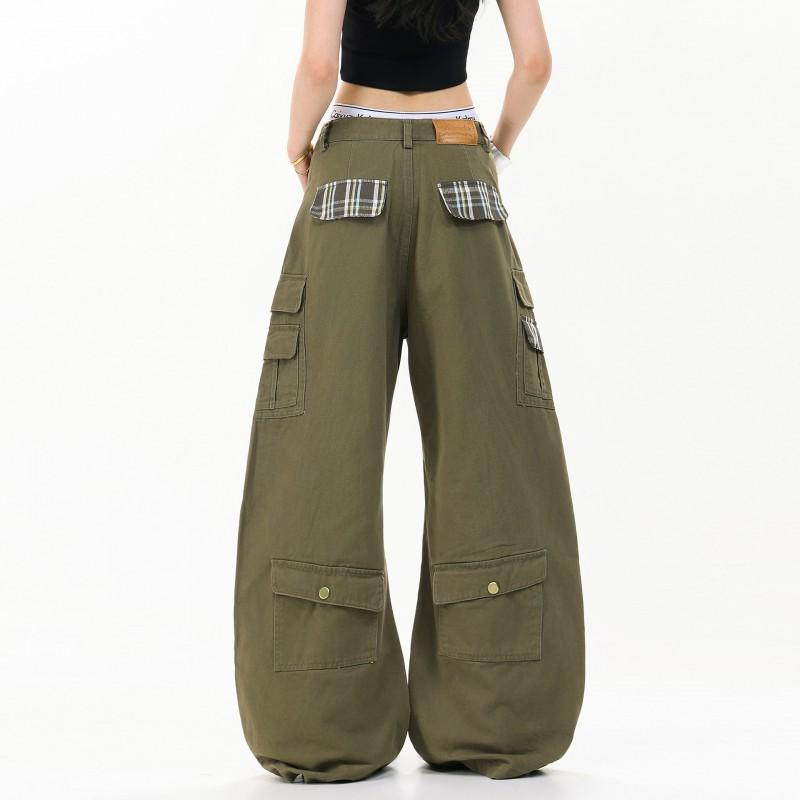 Mens Womens Vintage Americana Cargo Pants With Plaid Patchwork Loose Fit Wide Leg Casual Trousers