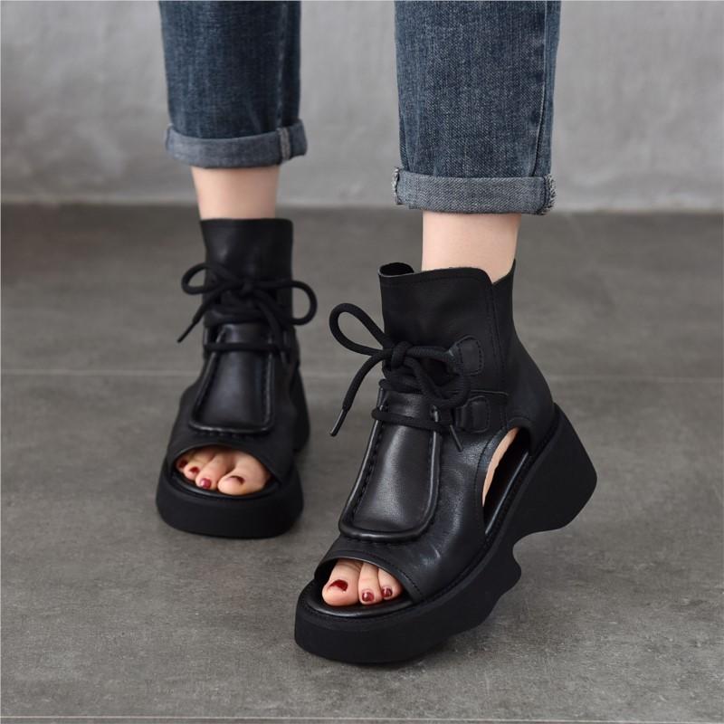 Johnature Genuine Leather Women's Shoes Roman Sandals Vintage Back Zipper Peep Toe Thick Soled Summer Boots