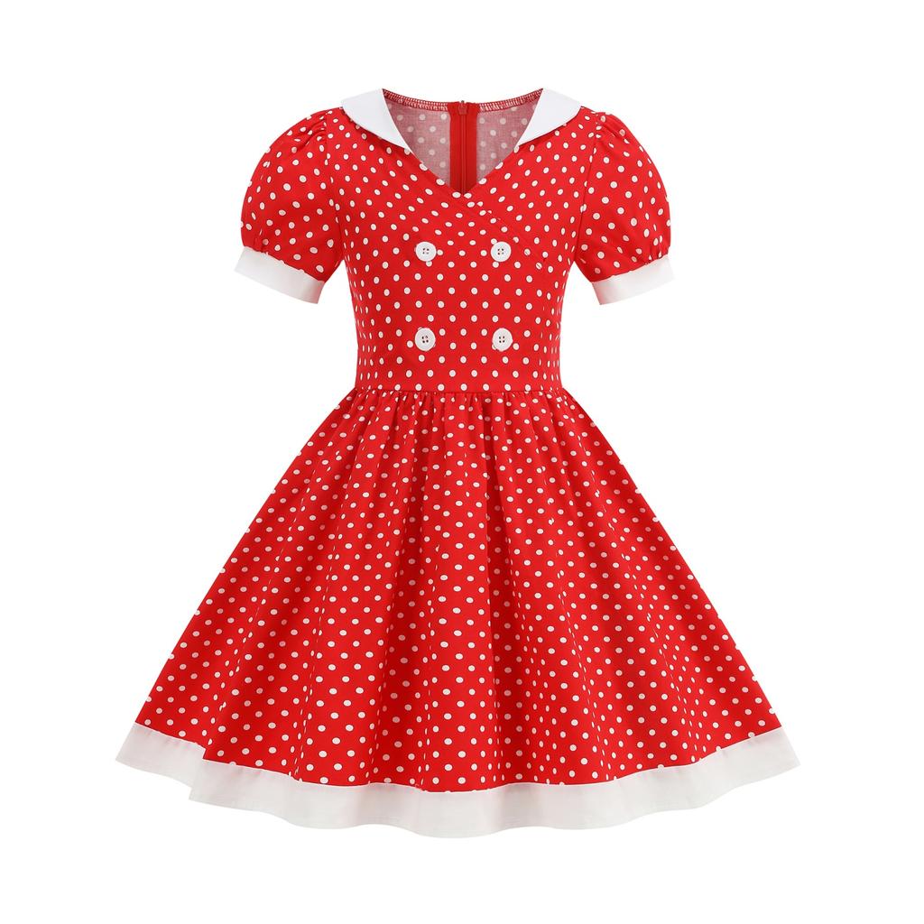 Fashion Summer Waist Polka Dot Dress Sweet Square Neck  Girls Women's Clothing