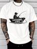 Unisex Black Crew Neck Tee White Silhouette Angler With Pipe Hat Fishing Boat Catching Vibes Text Lake Outdoor Leisure Cotton Tops