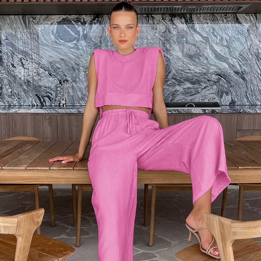 Cotton Linen Pants Sets Khaki Summer Women Two Piece Fashion Lace Up Crop Vacation Elastic Waist Loose Long Pants Suits
