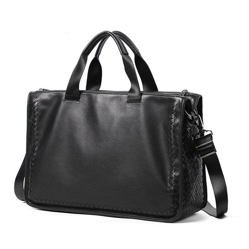 Woven Leather Men Business Briefcase Large Capacity Laptop Crossbody Handbag S чёрный
