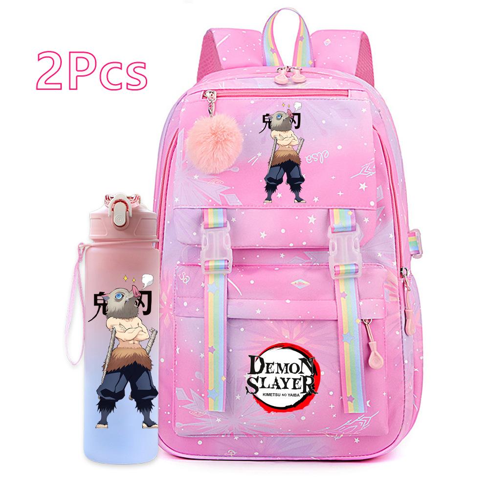 2Pcs/set Anime Cartoon Demon Slayer Printed Backpack with 750Ml Water Bottler for Teenager Bookbag Large Capacity Waterproof Travel Bag Gift