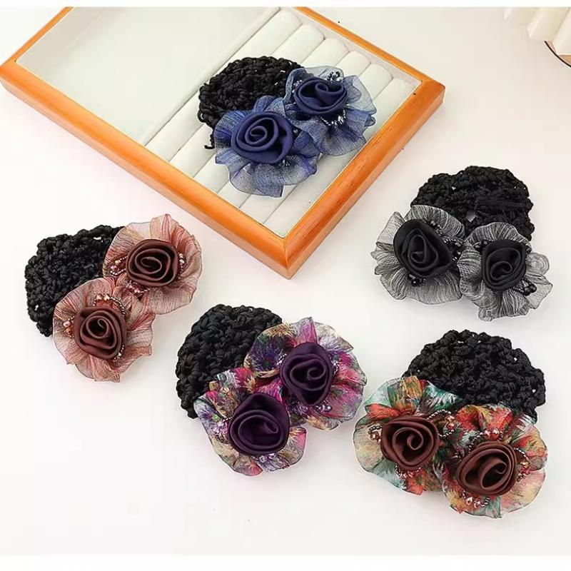 Women Hair Bun Cover Net Snood Hairnet Bow Barrette French Hair Clip Bow Ribbon Flower Hair Accessories For Banks Hotels Staff