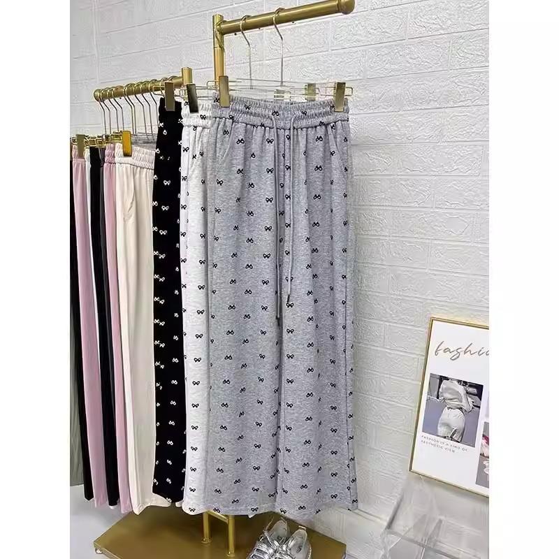 Korean Style Bow Print High Waist Wide Leg Pants for Women - Petite & Slimming, Early Autumn