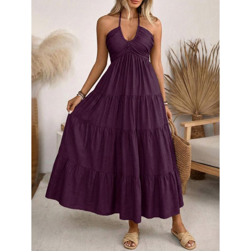2026 Summer Hanging NeckPleated Elasticity Dress Loose Vacation Style A-line Dress Fashion Backless Slim Fit Sweet Dress Solid Color Clothing