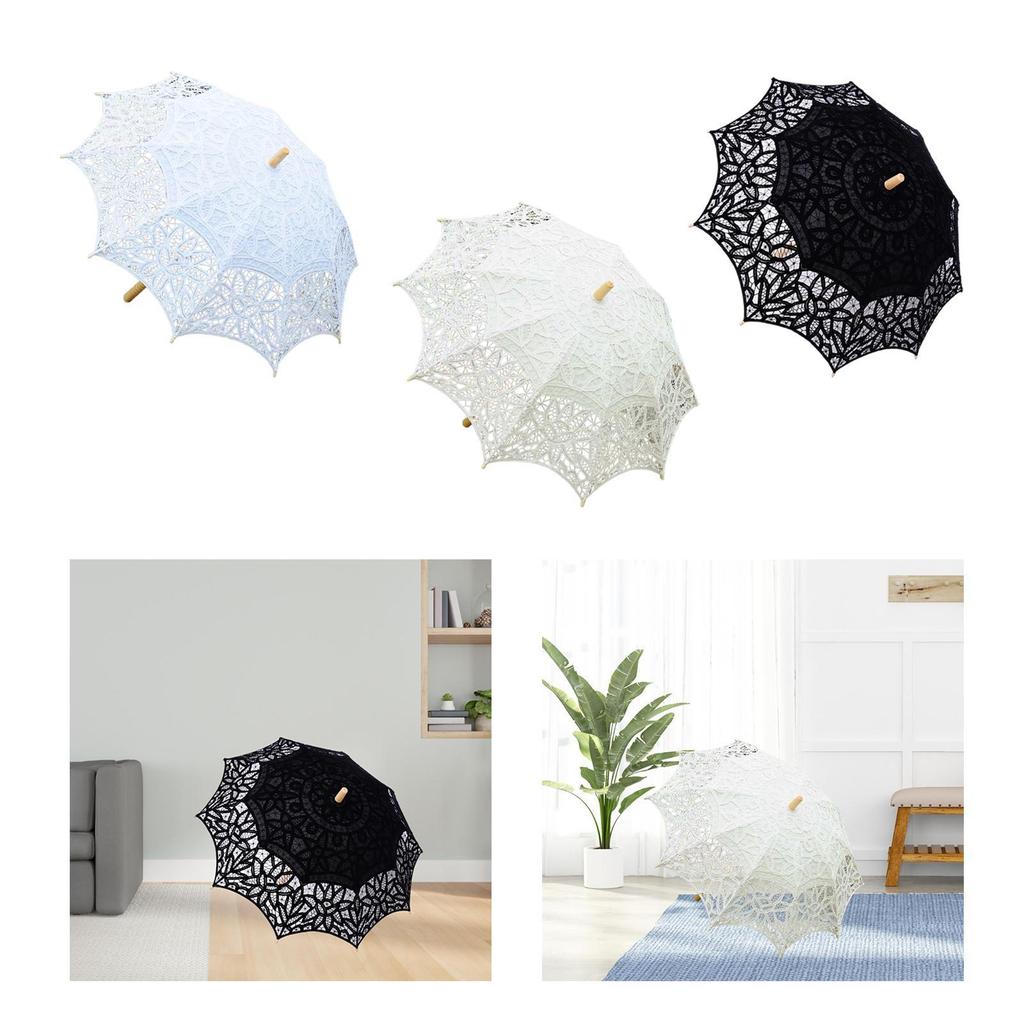 Lace Parasol Handhold Photo Props Handmade Lace Umbrella Retro Design Long Handle Umbrella for Stage Performance Tea Party