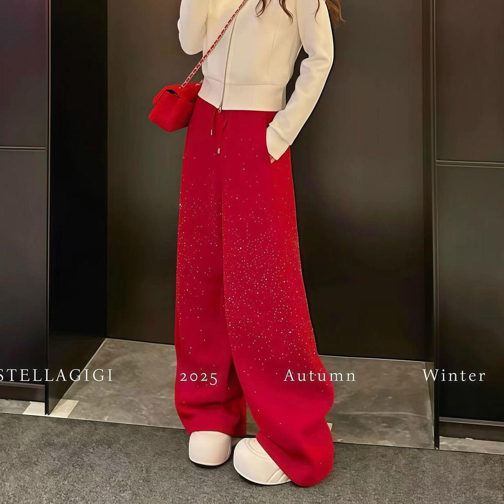2026 Spring Red Rhinestone Baby's Breath Slimming Plus Velvet Wide Leg Cropped Pants