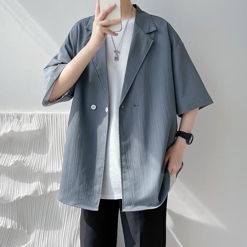 

Men s Black Textured Short Sleeve Blazer Oversized Double Breasted Casual Suit Jacket 3XL сірий