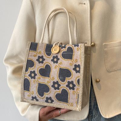 Small Fresh Hand Carrying Linen Bento Bag Female Going To Work Makeup Storage Tote Bag Linen Small Square Bag