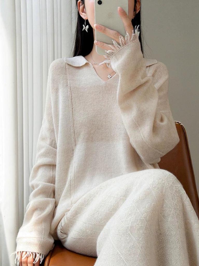 Women's Early Autumn 100% Wool Tassel Lapel Sweater - Stylish Loose Knitwear with Drop Shoulders