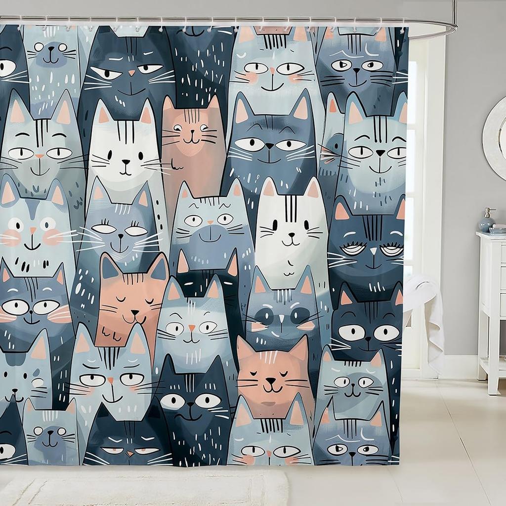 Cat Fabric Shower Curtain for Girls Kids Teen,Colorful Cartoon Animals Bathroom Shower Curtain Sets Cute Pet Shower Curtain