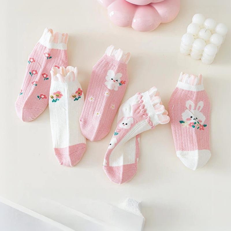 Children's Mid-Calf Socks 5 Pairs Cute Rabbit Floral Design Lace Edge Soft Elastic Socks for Toddler Girls All Seasons