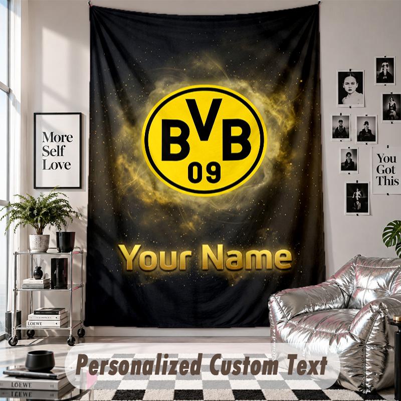 Tapiserie de agățat pe perete cu nume și text personalizate, Tapiserie decorativă Borussia Dortmund pentru dormitor