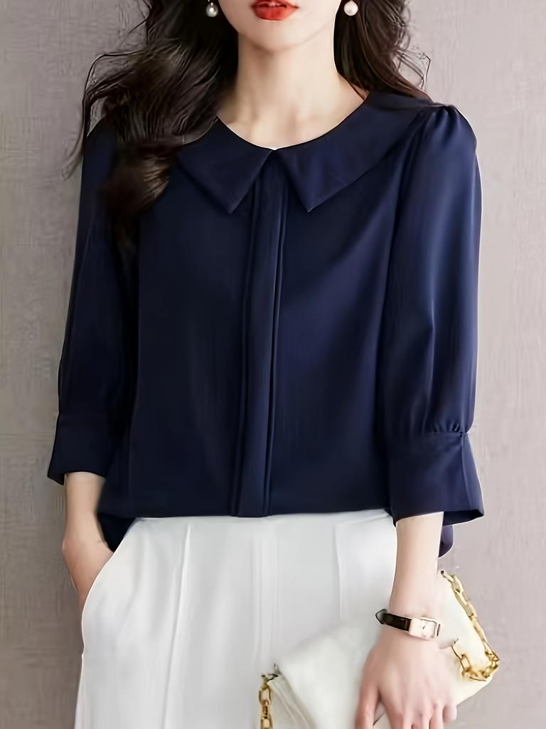 Solid Pater Pan Collar Blouse, Elegant 3/4 Sleeve Blouse for Spring & Fall, Women's Clothing