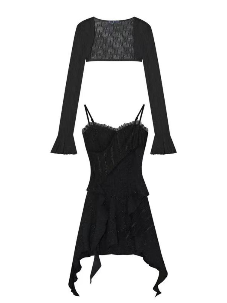 

Необычный мини-кардиган, модное платье на бретелях, женский элегантный комплект из 2 предметов, короткое вечернее платье, женский французский повседневный тонкий однотонный костюм Pure Desire XL чёрный