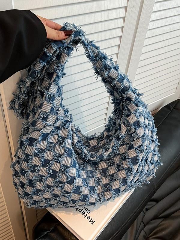 Denim Plaid Shoulder Bag With Zipper Closure For Casual Urban Style