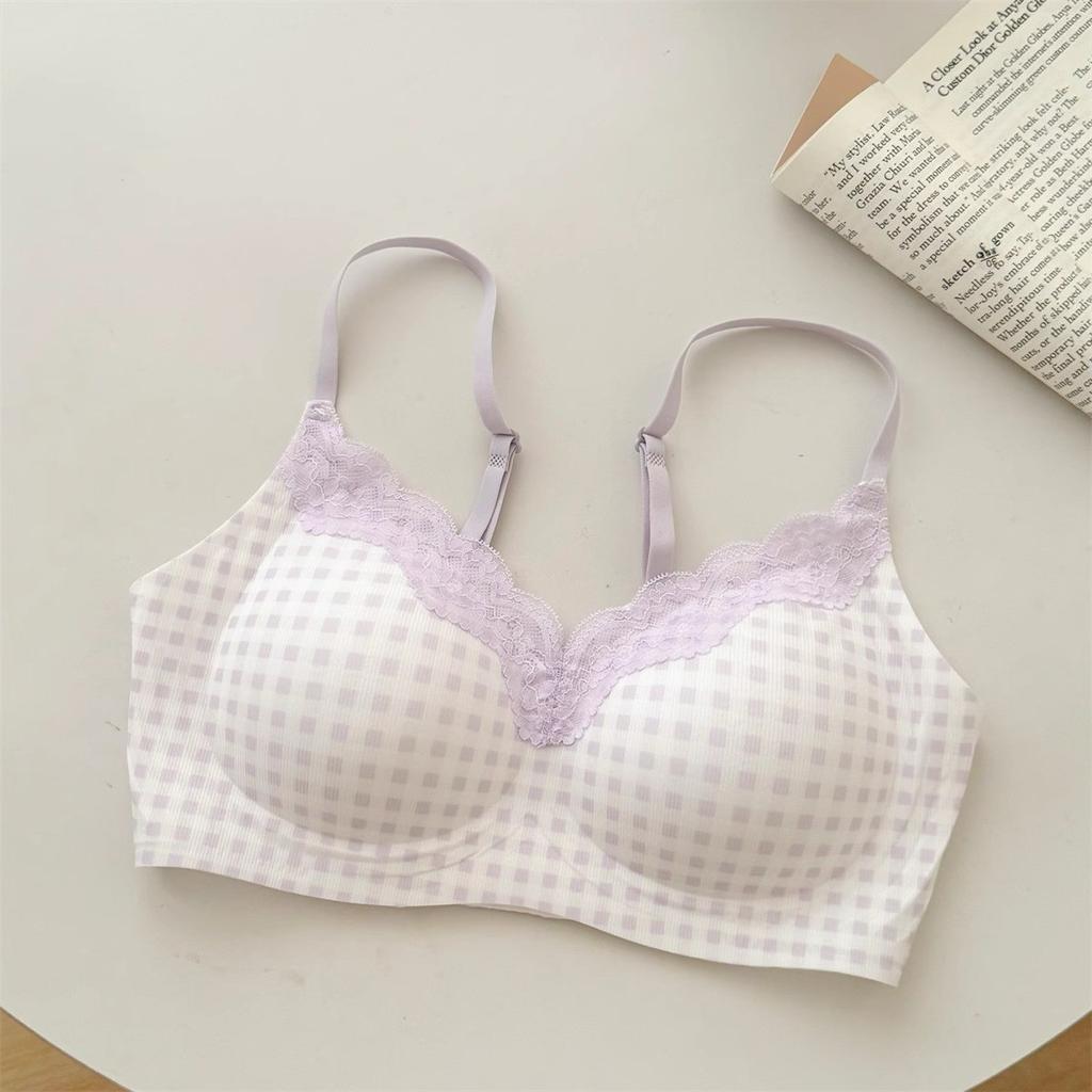Check Lace Splicing No Steel Ring Push-up Girls Underwear Breathable Gathered U-shaped Beautiful Back Anti-sagging Comfortable Bra