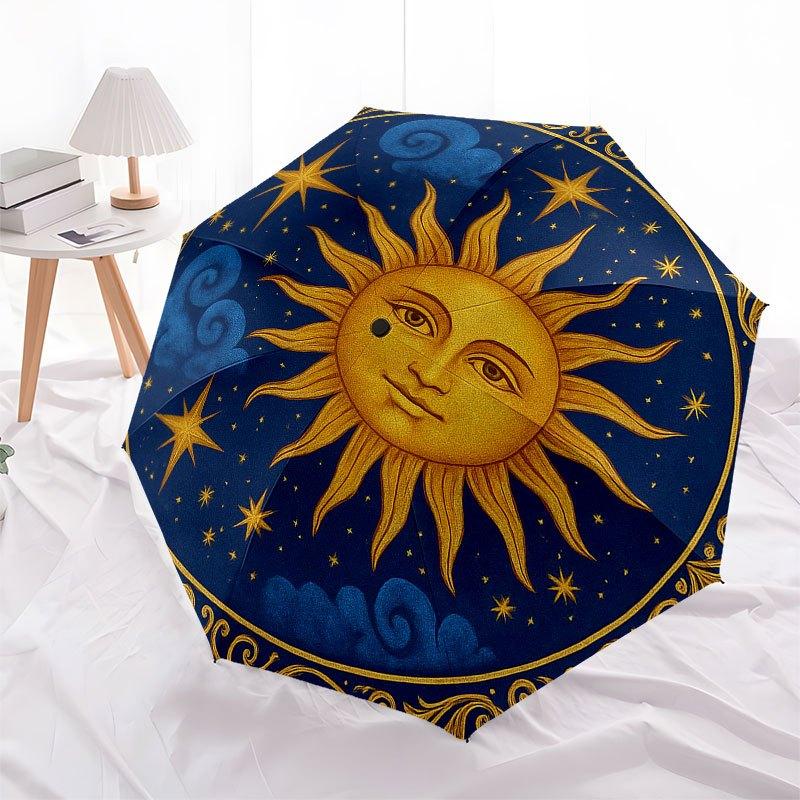 Golden Sun and Stars Circular Wall Art Decor Umbrella, Cute Umbrella with Cute Design, Portable 3-Fold Compact Umbrella for Men & Women, Valentine's D