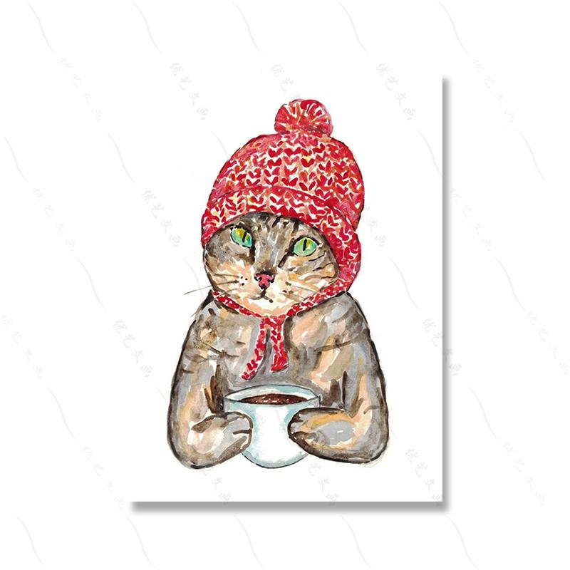 Cat Drinking Coffee Wine Painting Wall Poster Watercolor Art Print Funny Nursery Kitchen Canvas Cute Animal Room Home Decor