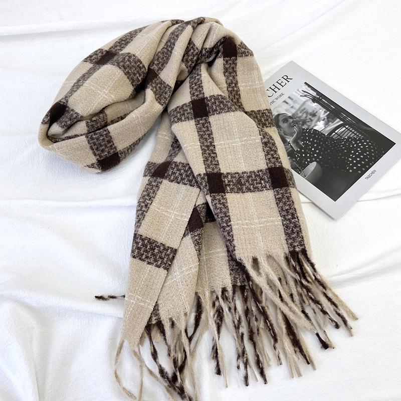 2024 Autumn/Winter Women's Plaid Scarf - Versatile Medium/Long Imitation Cashmere Tassel Shawl