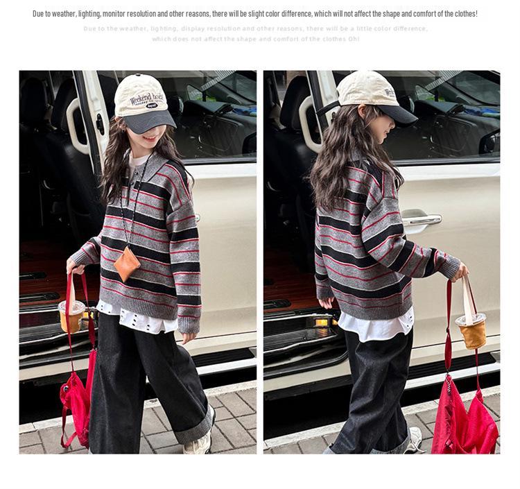 Girls' Striped Knitted Polo Sweater - Autumn/Winter 2025 Fashion Pullover for Kids