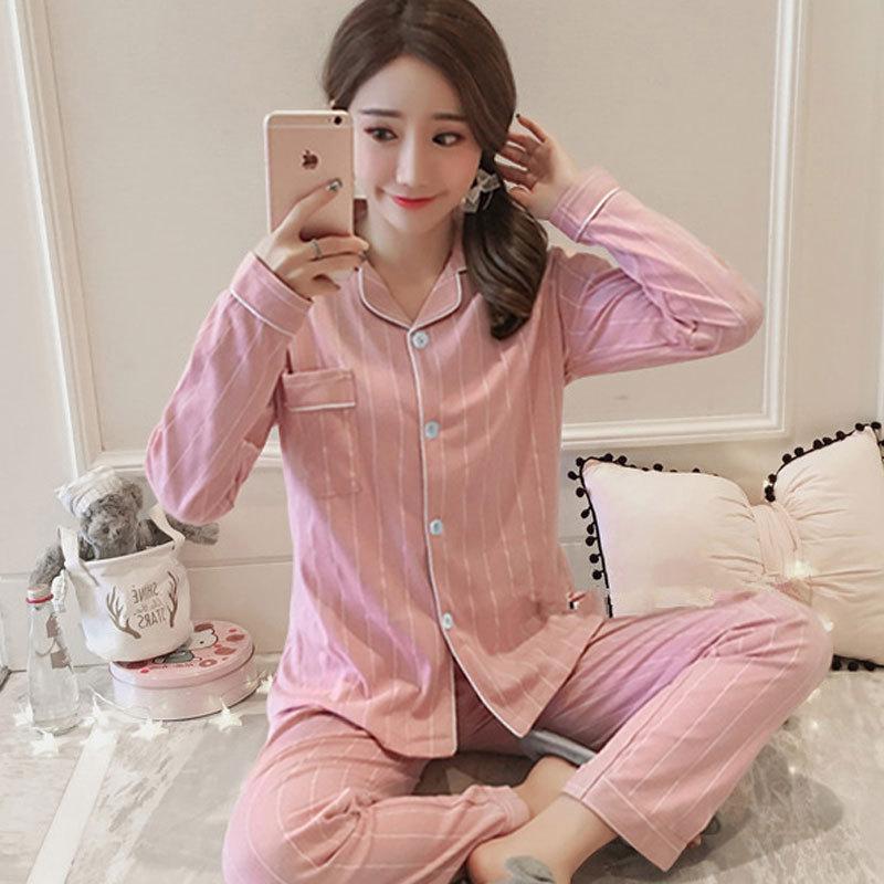 Spring And Autumn Pajamas Women'S Cardigan Long-Sleeved Trousers Korean Girls' Simple Cartoon Loungewear Suit Can Be Worn Outside