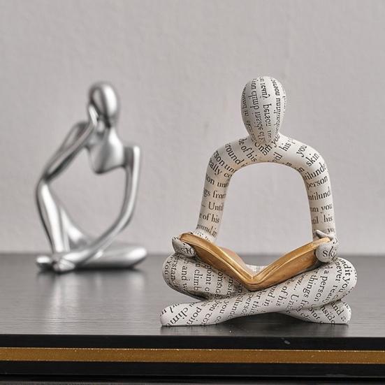 Abstracte Leesman Figuur met Gouden Boek Man Hars Beeld Sculptuur Huis Kantoor Bureau Decoratie Ornament Boekenliefhebbers Cadeau