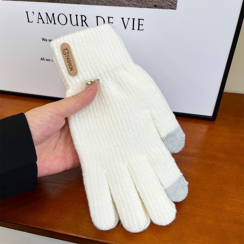 Women's Knitted Warm Gloves Thickened Plush Solid Color Simple Cycling Touch Screen Gloves