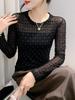 Chic Mesh Long Sleeve Top with Nail Beads & Diamond Accents - Stylish, Slim, and Breathable Women's Autumn Shirt