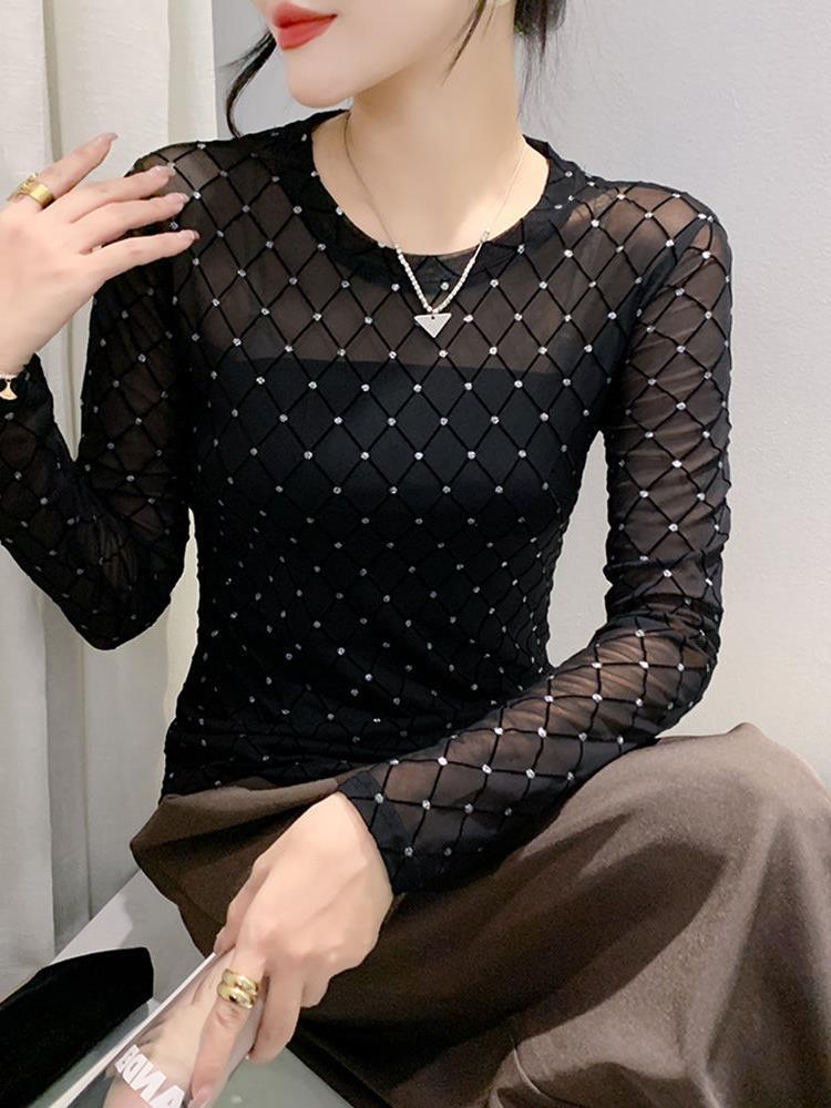 Chic Mesh Long Sleeve Top with Nail Beads & Diamond Accents - Stylish, Slim, and Breathable Women's Autumn Shirt