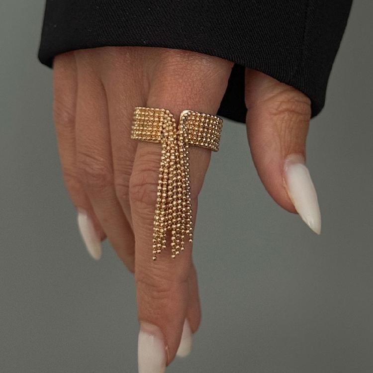 Party Outfit Ring with Flowing Drop Detail, Bead Chain Statement Design and Open Metal Tone Fit for Streetwear