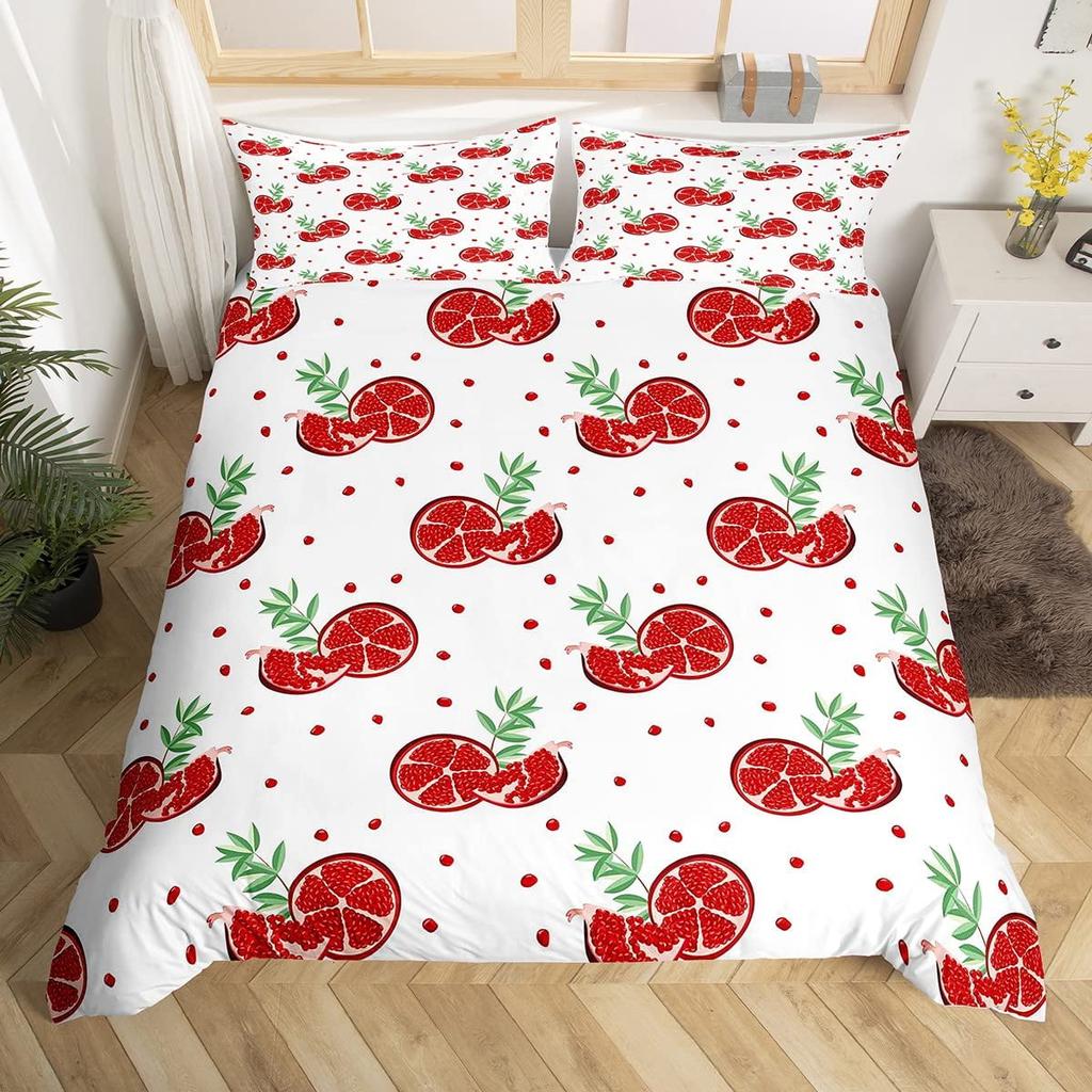 Red Pomegranate Duvet Cover Summer Tropical Fruit For Women Children Green Leaves Quilt Cover For Bedroom Decorations Warm Soft