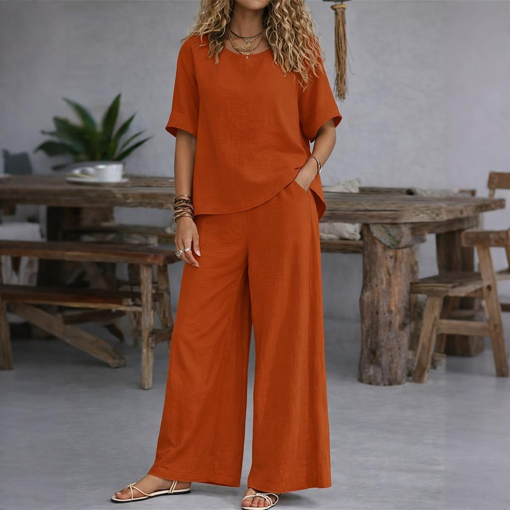Women's Two Piece Casual Lounge Set Short Sleeve Loose Top Wide Leg Pants Lightweight Soft Fabric Comfortable Fit Summer Outfit