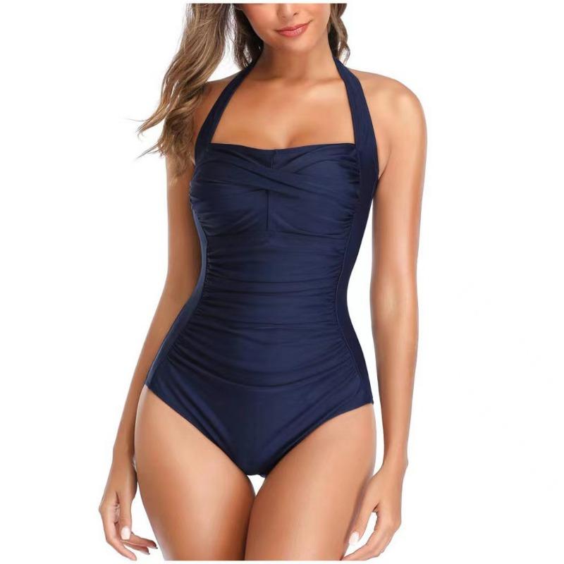 Women's Black Halter One Piece Swimsuit Ruched Tummy Control Modest Bathing SuitCasual