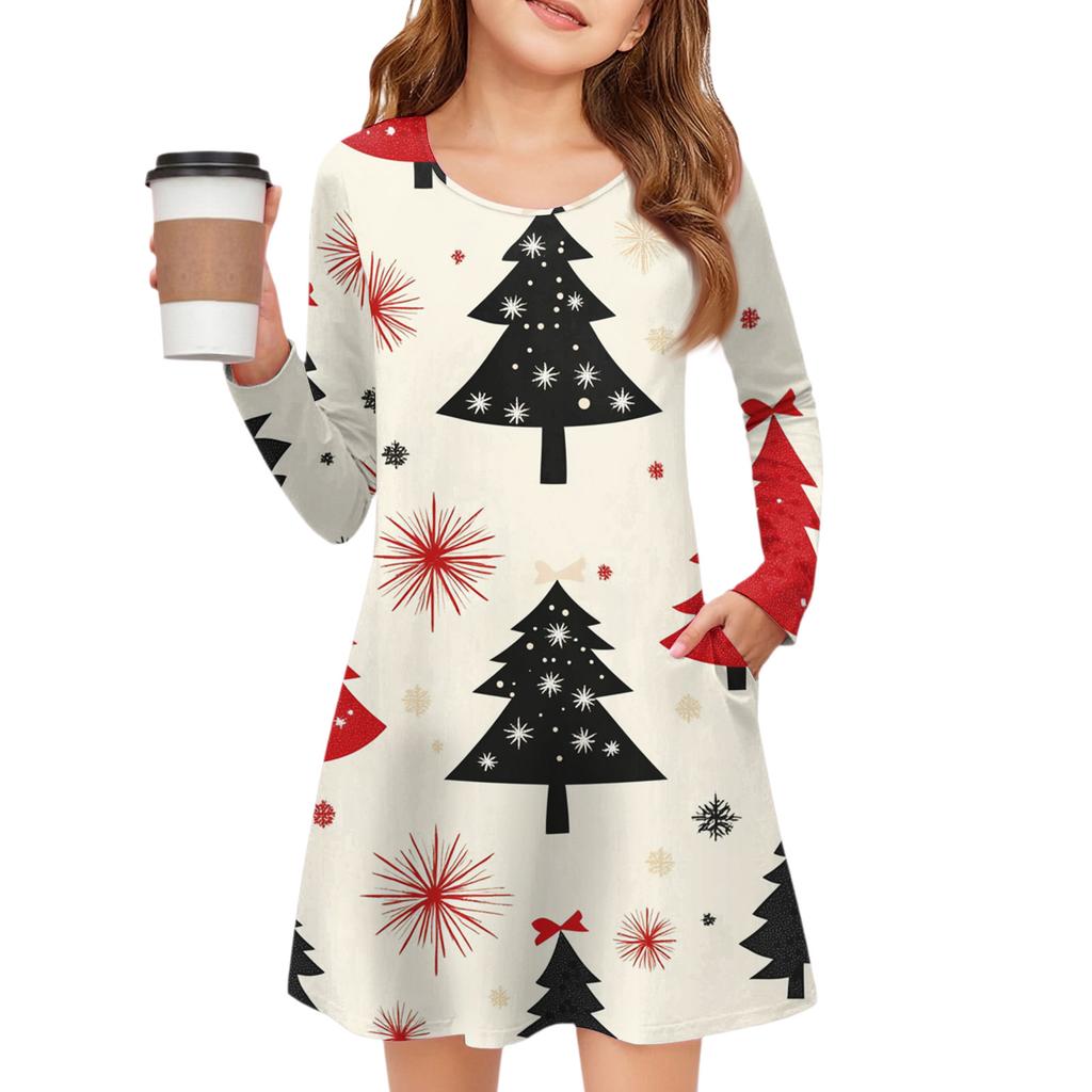 Christmas Day Girls' Long Sleeve Dress - Color Pocket Dress