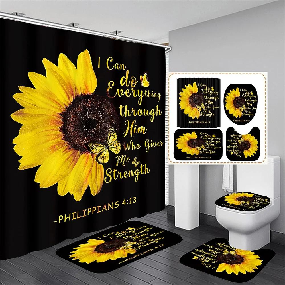 4pcs Set Doormat Shower Curtain with Non-Slip Rugs Toilet Seat Cover Bath Carpet Durable Waterproof Bathroom Home Entrance Decor
