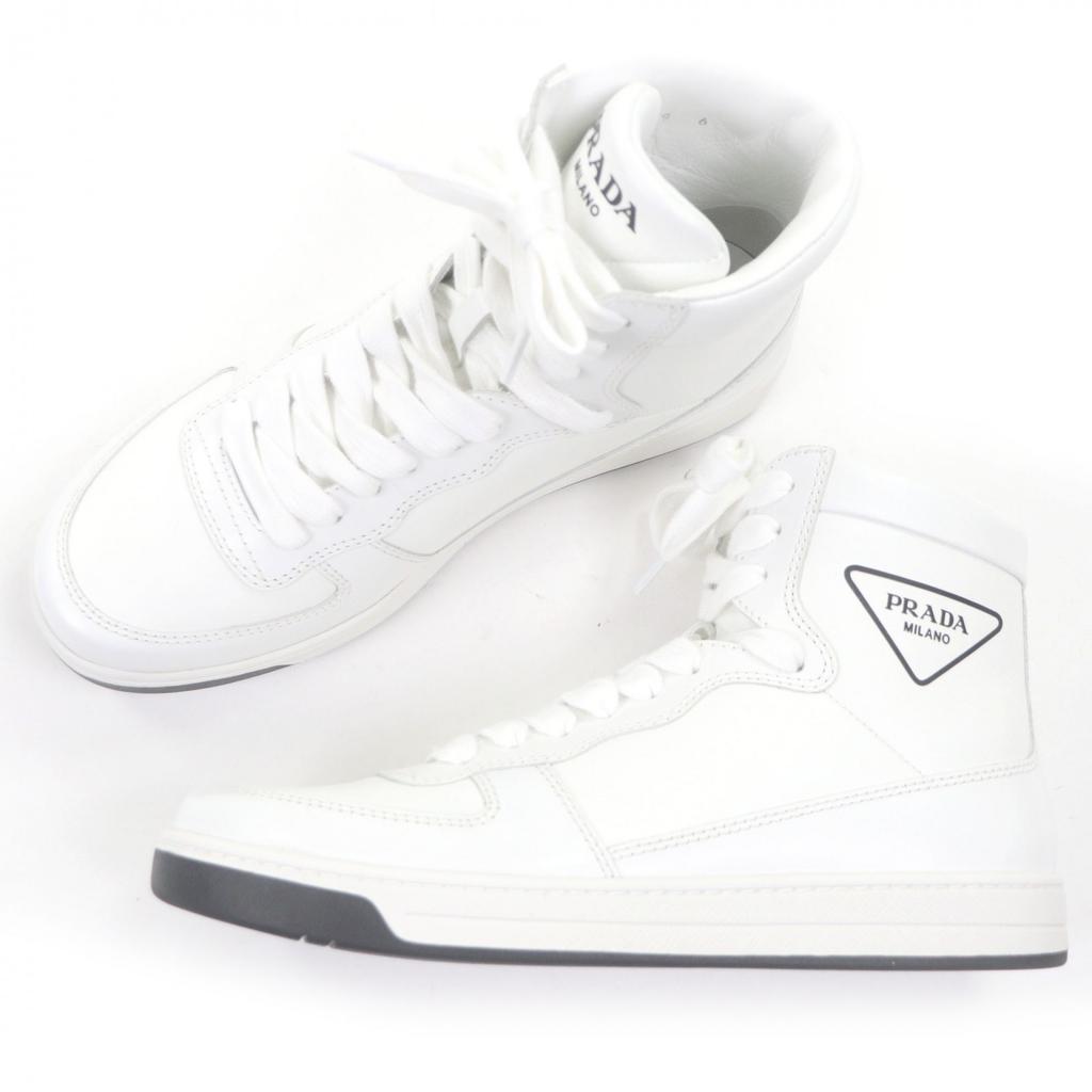 Vynikající PRADA Vysoké tenisky Trojúhelníkové logo bílá kůže Pánské 6 1T638M Použité