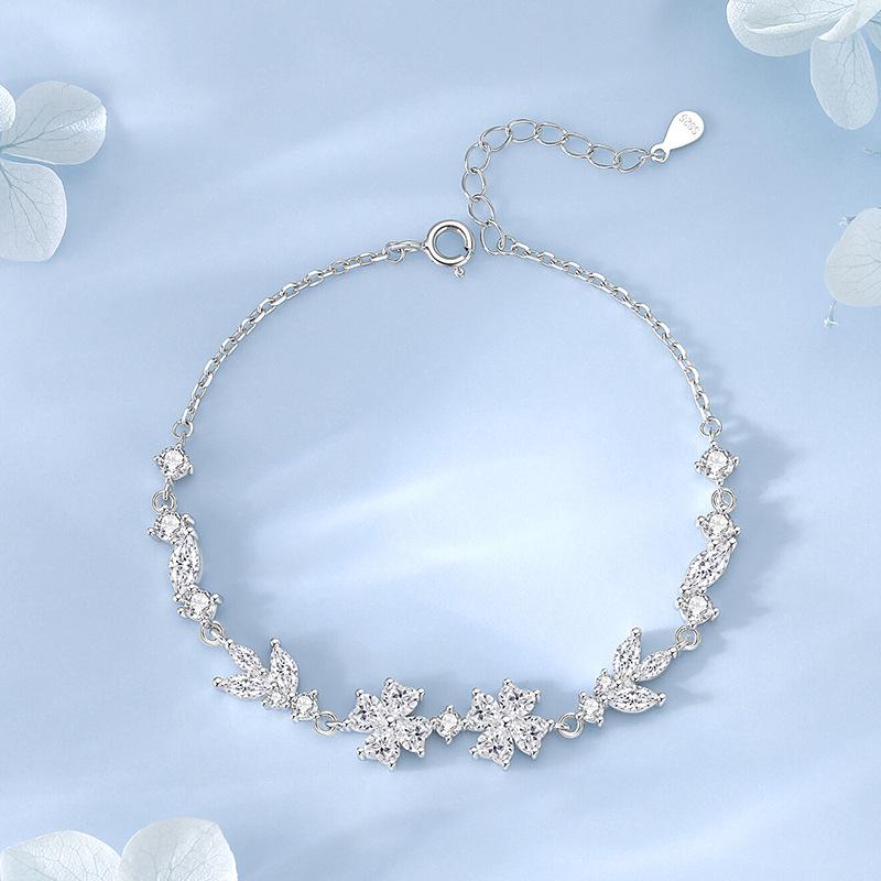 Tichia S925 Sterling Silver Four-Leaf Clover Bracelet for Women - Forest Inspired, Luxury Design with Zircon Flower. 925 Silver