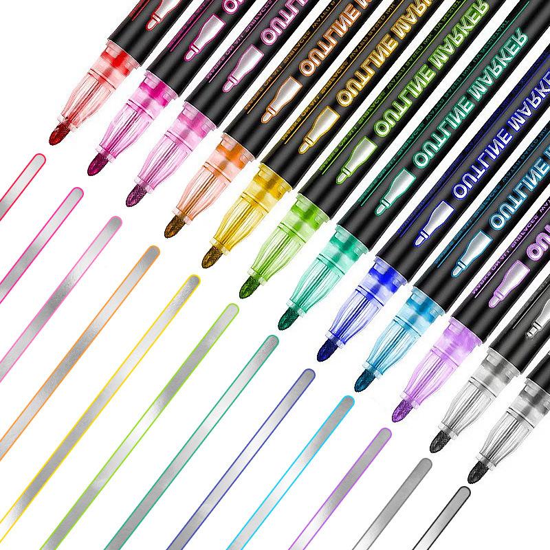 1 Set 8/12 Colors Self-Outline Metallic Markers Glitter Writing Drawing Pens For Christmas Card Writing Double Line Outline Pens