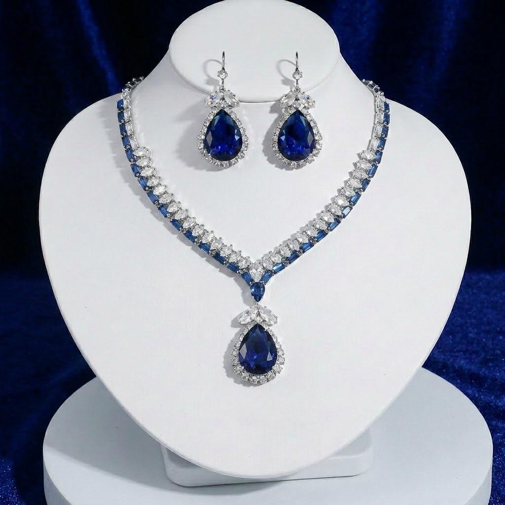 Trendy Blue Water Drop Zircon Earrings & Necklace Set