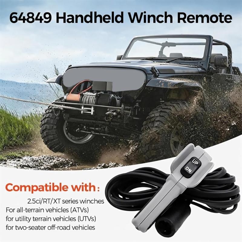 Utility-Vehicle Winch Hand Remote 64849 for WARN RT25 XT25 RT1.5 Models, with a Cabled Handheld Format and Clearly Marked OUT and IN Control Positions