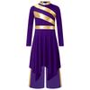 Kids Girls Church Dance Performance Set: Mock Neck Long Sleeve Metallic Patchwork Dress with Asymmetrical Hem & Matching Wide-Leg Pants