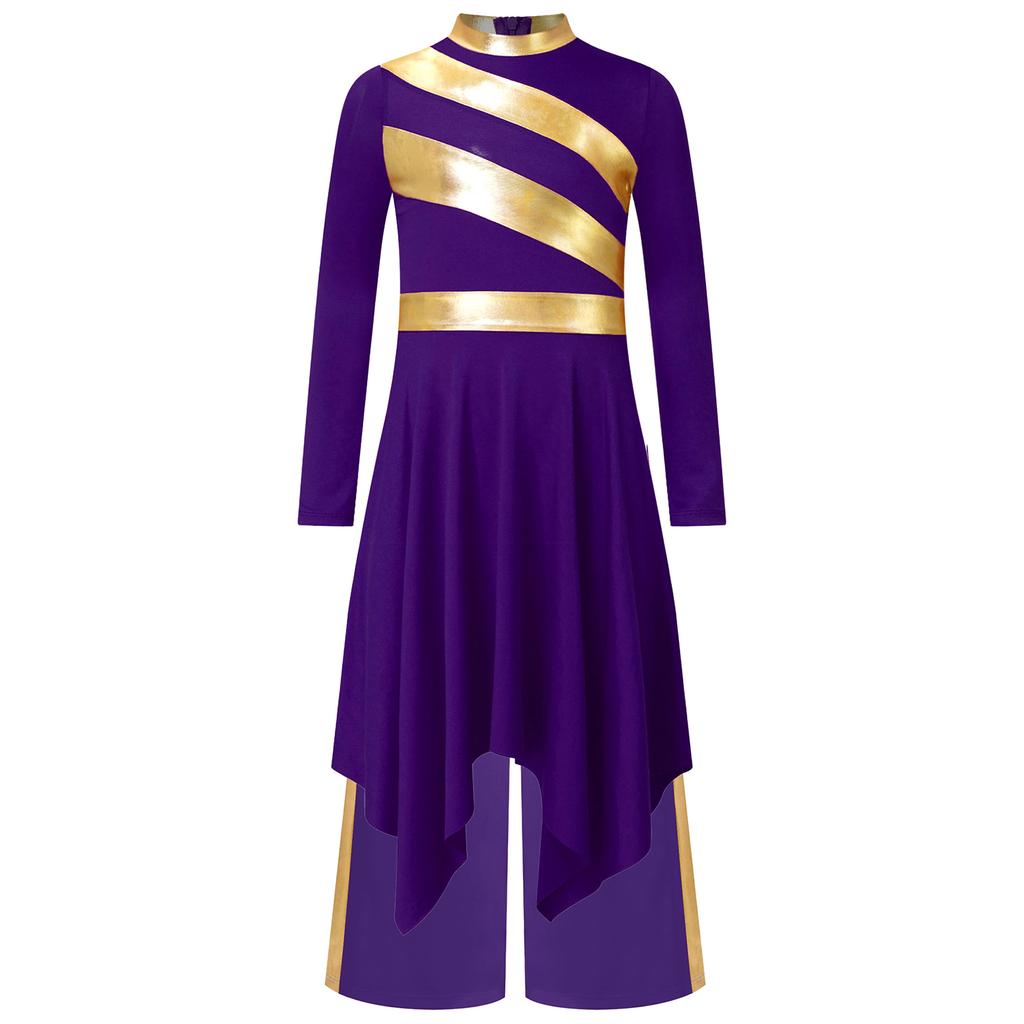 Kids Girls Church Dance Performance Set: Mock Neck Long Sleeve Metallic Patchwork Dress with Asymmetrical Hem & Matching Wide-Leg Pants