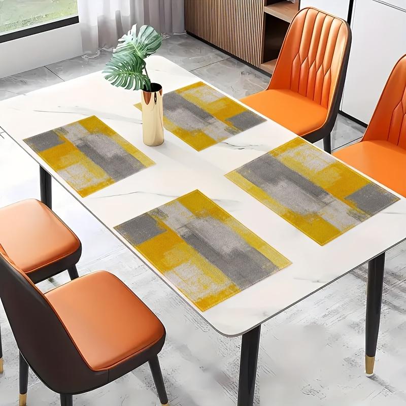 4pcs Abstract Geometric Yellow & Grey Placemats | 12x18 Inch Rectangular Linen Table Mats, Machine Washable | for Dining, Home, Kitchen, Banquet, Cafe