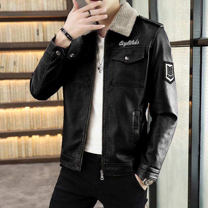 Men's 2025 Winter Korean Style Slim Fit Fleece-Lined Leather Jacket - Trendy Casual Coat