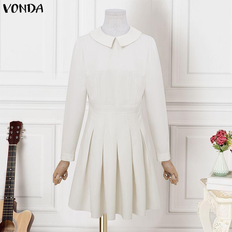 VONDA Women Lapel Neck Long Sleeve Pleating Ruffled Bodycon Mini Dress