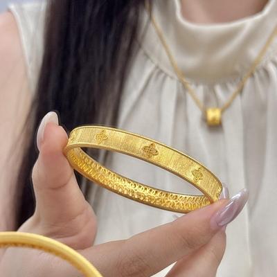 Retro Chinese High-Value Gold Silk Brocade Four-Leaf Flower Bracelet Ring Necklace Ancient Light Luxury Exquisite Set