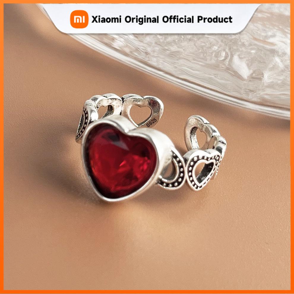 Xiaomi 925 Sterling Silver Rings For Women Geometric Fine Jewelry Finger Adjustable Red Heart Stone Ring For Party Birthday Gift